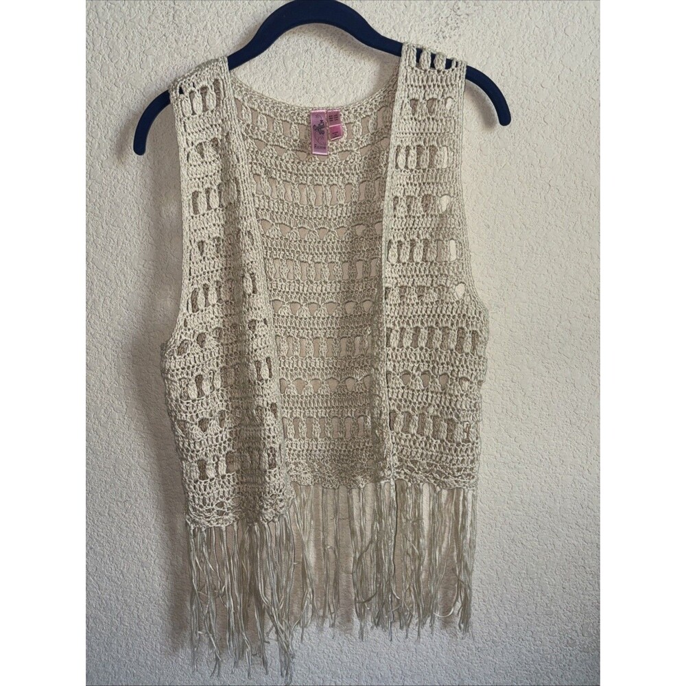 Crochet Open Knit Vest Fringe Western Boho Country Coachella L/xL Hippie Gypsy